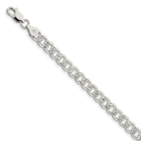 7mm, Sterling Silver Solid Pave Curb Chain Bracelet, 9 Inch